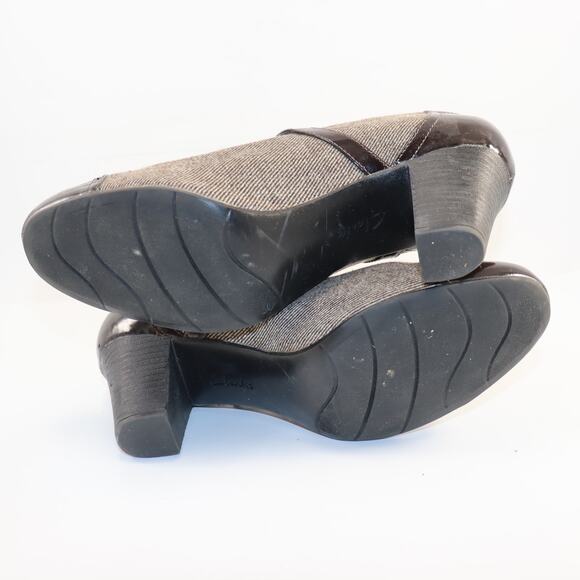 Clarks Size 12 Mary Jane Heels Brown Tweed & Patent Leather Cap Toe - Picture 5 of 6